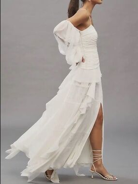 BHLDN Removable Sleeve Lace Chiffon Ruffled Maxi Dress in White Dahlia (NWT)